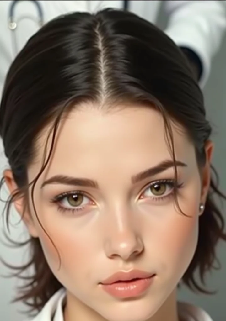 Doctor, exam room, sultry, seductively, up skirt, no panties, flashing, flirting, teasing, low cut shirt, ample cleavage, lower butt cheeks exposed, thigh high stockings, high heels, sexy, masterpiece, best quality, high quality 