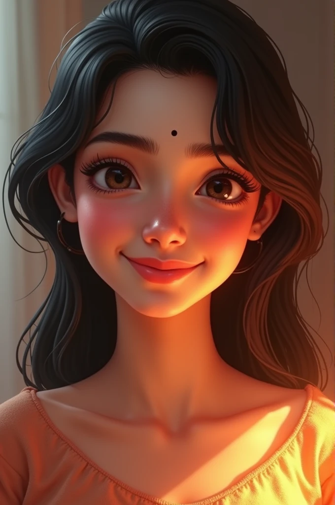 girl named Nirmala with warm smile on her face and a little mole on her upper cheeks