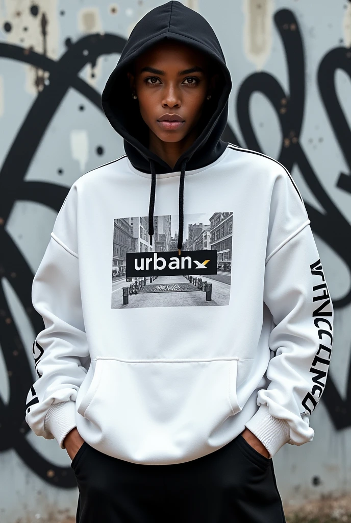 A high-quality, realistic image of an oversized white 'UrbanX' logo sweatshirt with a black hoodie, featuring a unique urban-inspired graphic illustration. The sweatshirt should be the sole focus of the image, with no people or additional clothing visible. The graphic print should be bold and original, street art, complementing the "UrbanX" logo prominently displayed on the front. The background should feature a graffiti covered wall with black and white paint splatters, enhancing the urban atmosphere. The overall aesthetic should be modern, bold and elegant, highlighting the brand's distinctive urban appeal."