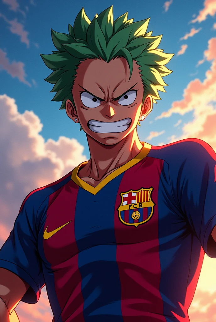  roro zoroin   Barcelona jersey. one piece character. make it good .latest zoro face. back ground শ anime scene .his devil face 