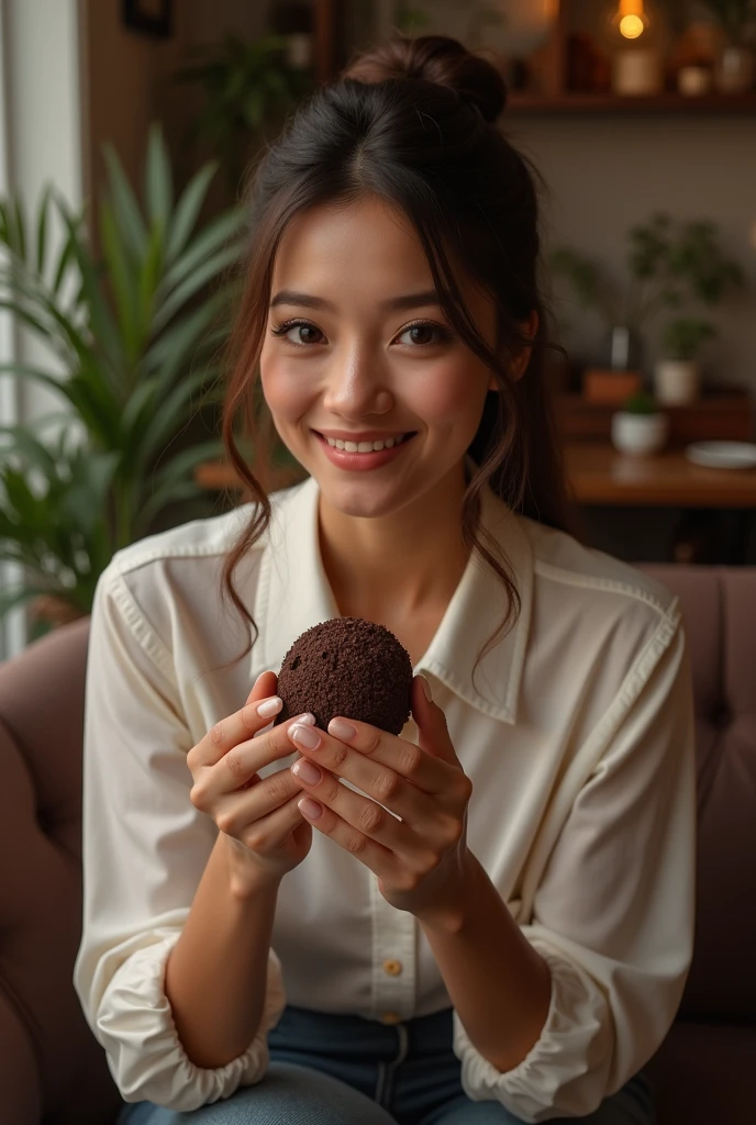 Image of a woman sitting down eating a chocolate brigadeiro.