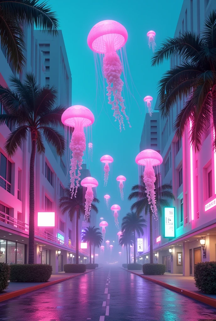 Jellyfish on a vaporwave street in Miami