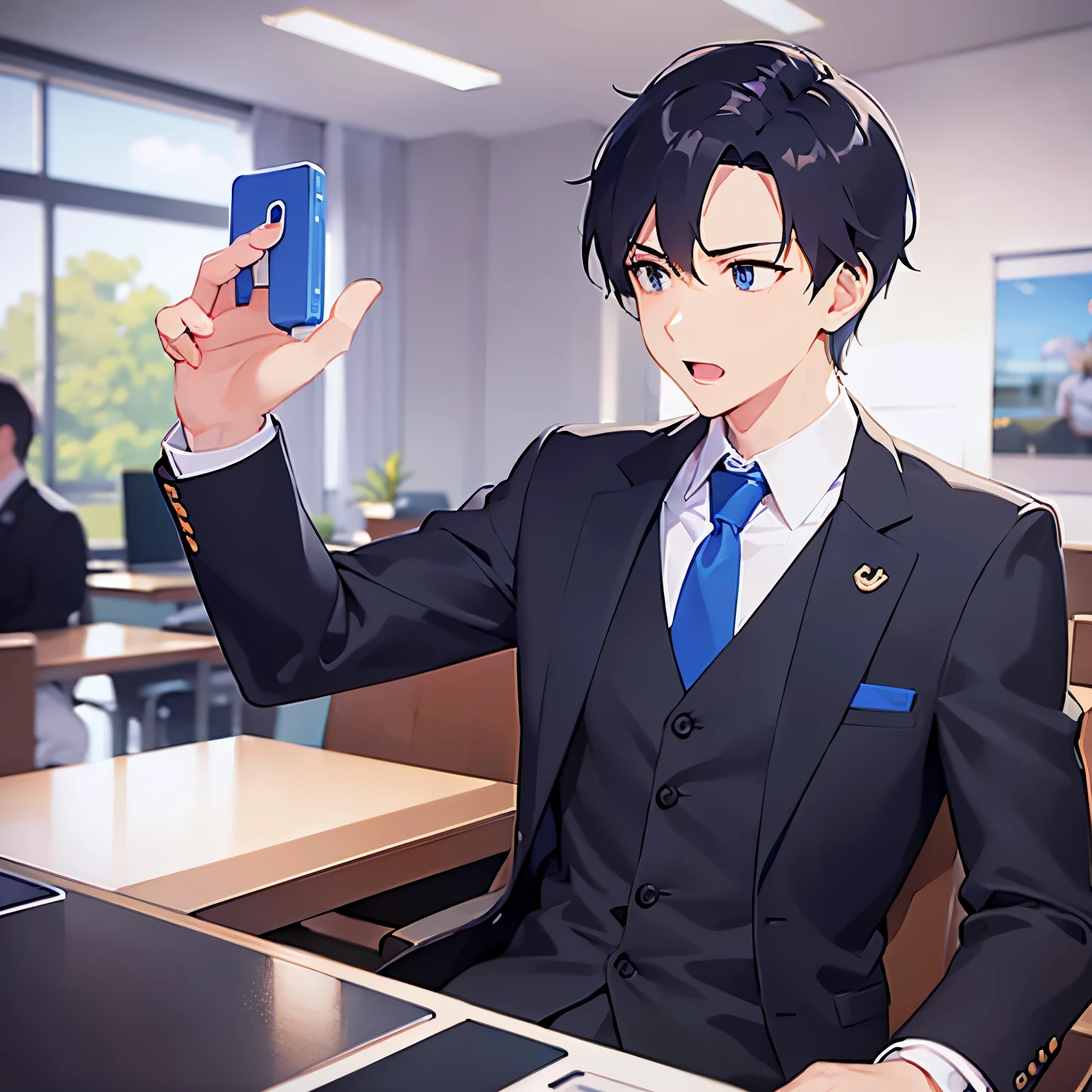 side angle,（looking away:1.5）upper body,waving hands front own chest shiny skin, masterpiece、Highest quality、 (2 male:1.5) and (Black short hair) and (blue eyes), (Wearing a suit:1.5) and (Blue tie)、 petrified ,open mouth, The background is the conference room、（alone:1.5）