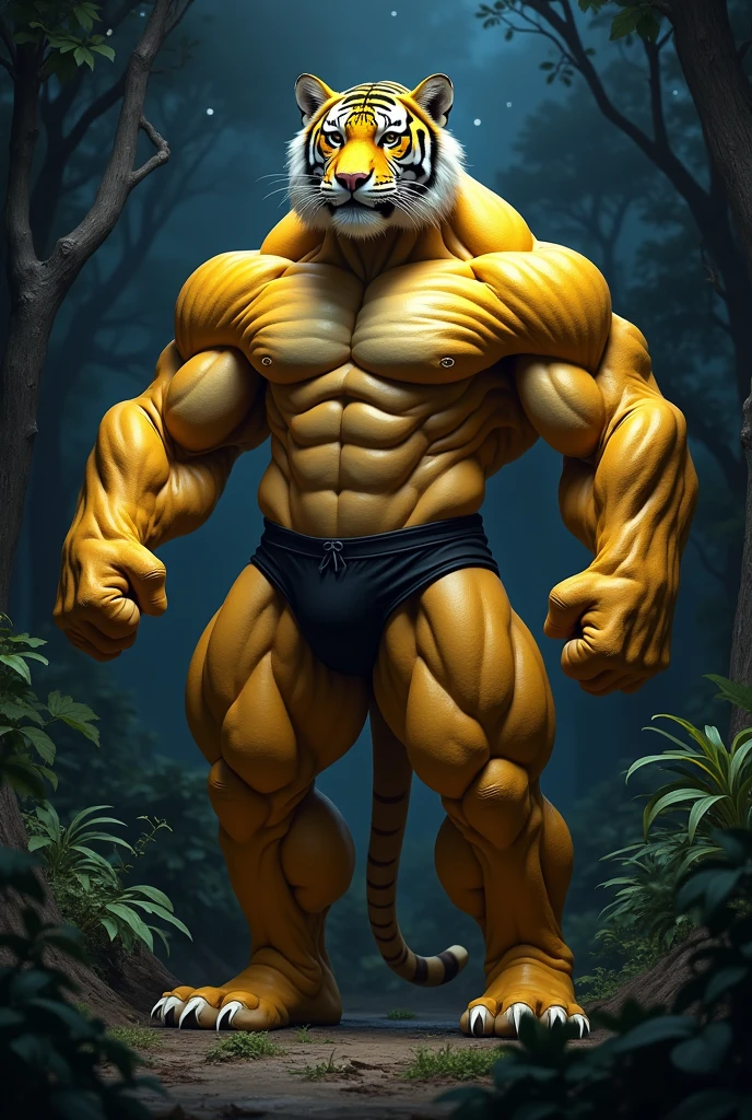 (photorealism:1.2), ((master piece)) a big muscular yellow tiger posing and wearing black underwear in the forest at night