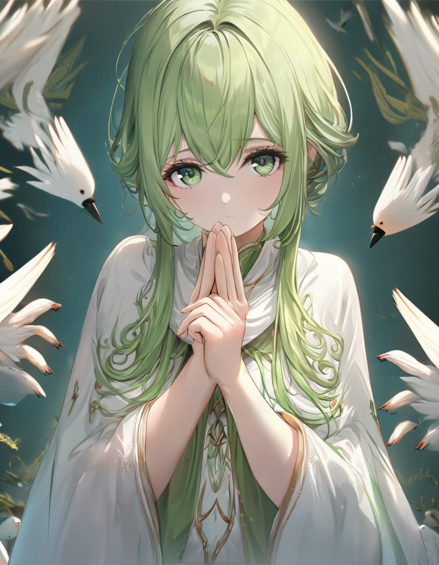 Highest quality、masterpiece、Very detailed、Finely detailed、High resolution、8k wallpaper、Fine and beautiful eyes、A girl with green hair、Exact number of fingers、Pose with hands folded in front of chest、Hands folded in front of chest、Praying pose or expectant expression。Bird's-eye view
