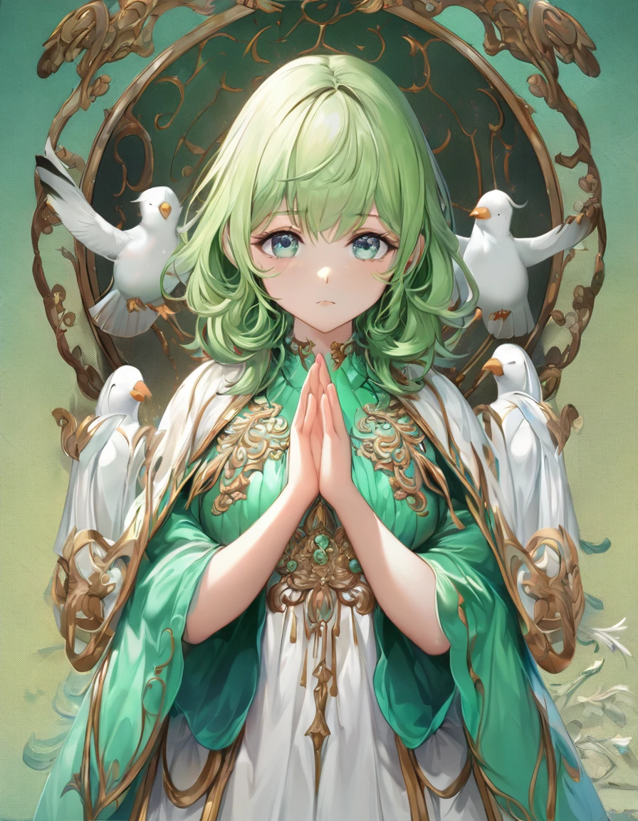 Highest quality、masterpiece、Very detailed、Finely detailed、High resolution、8k wallpaper、Fine and beautiful eyes、A girl with green hair、Exact number of fingers、Pose with hands folded in front of chest、Hands folded in front of chest、Praying pose or expectant expression。Bird's-eye view