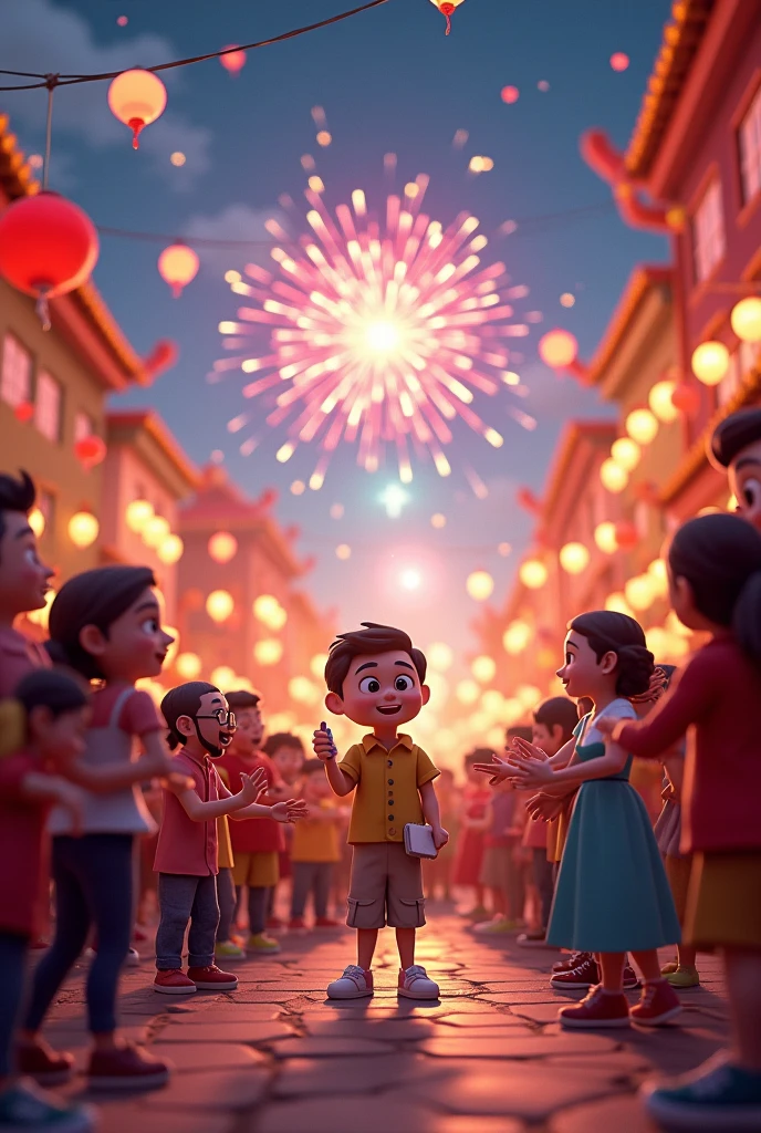 In cinematic 3d cartoon styleIn"The scene should be lively and colorful, with fireworks going off in the sky, and people exchanging sweets and greetings to celebrate the victory of good over evil"