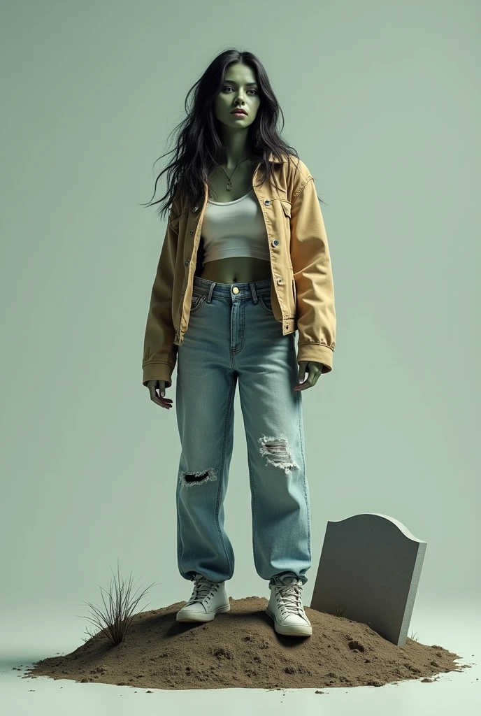 A mound of earth with a simple tombstone from which emerges half the body of a female zombie, supports himself with his arms on the floor to emerge from the ground. Photo realistic with minimalist background on a solid background. The zombie is seen from the waist up, with the rest of his body buried in the tomb. She is wearing a modern and cool urban casual outfit but only half of her body is visible. Center angle towards the camera, You can only see up to the zombie&#39;s waist and the tone is friendly but cool