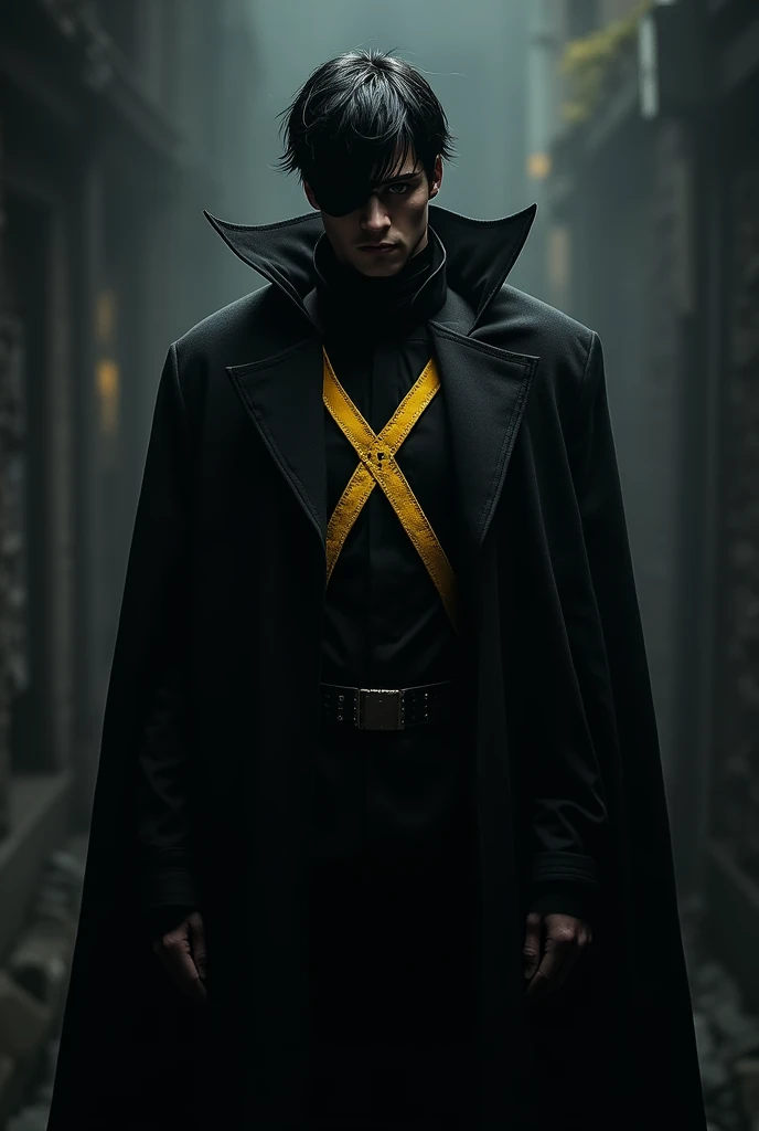 black hair, man , black cloak, left eye closed with a patch, yellow iron X in the middle of the suit