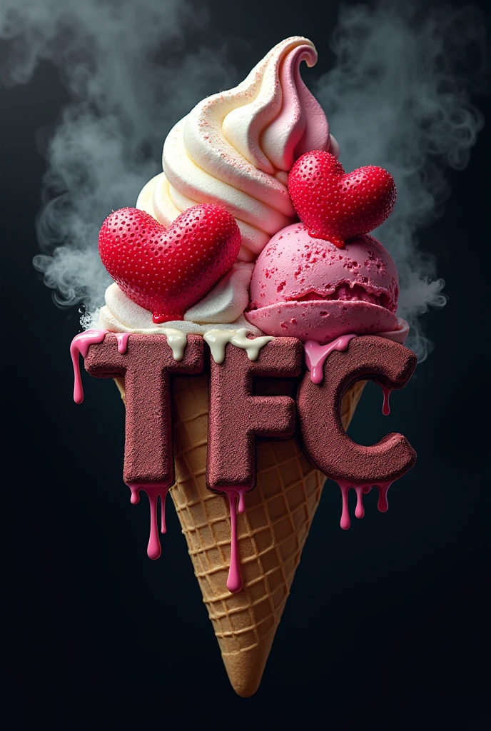 Ice cream cone logo with ice cream being a real heart with graffiti style TFC letters dripping ice cream with dark colored smoke explosion background