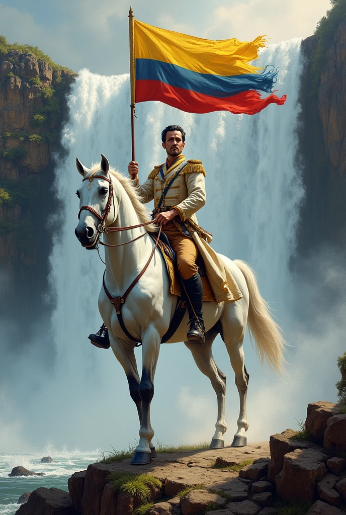 Simon Bolivar the Colombian Liberator riding a white horse holding the flag of the country Colombia Pure Blood on the edge of a waterfall
