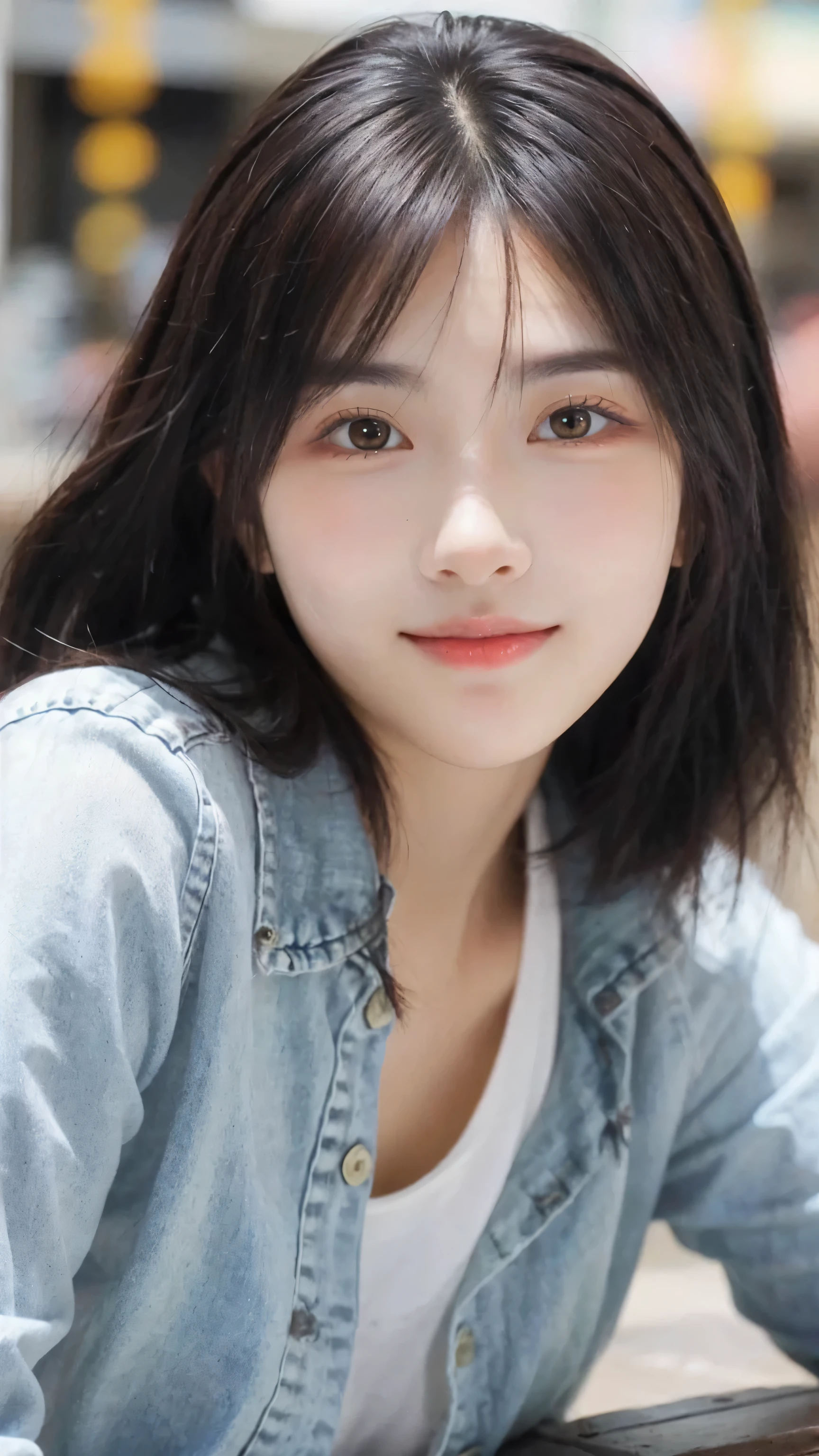 (8k, RAW Photo, Best Quality, Masterpiece:1.2), table top, Ultra Detail, Super Resolution, (Realistic, Realistic Photo:1.37), Portrait, High Detail RAW Color Photo, Professional Photo, Extremely Detailed and Beautiful, Extremely detailed, 8k wallpaper, amazing and detailed, huge file size, official art, highly detailed CG unity 8k wallpaper, highly detailed beautiful girl, highly detailed face, highly detailed eyes, highly detailed skin, highly detailed fingers, highly detailed nose, very detailed detailed mouth , perfect anatomy, highly detailed background, highly detailed clothes, 1girl, 1 girl, cute girl, realistic body, fair skin, glowing skin , slim body, handsome body, black hair , semilong hair, (blunt bangs:1.2), smile, cute, youthful, cute face, realistic face, delicate eyes, drooping eyes, looking at viewer, facing front, standing posture, Contraposto, (medium chest), (Perfect Body Proportions), (slender Body Proportions), super sexy pose, (white shirt), (jeans pants), (authentic bar),