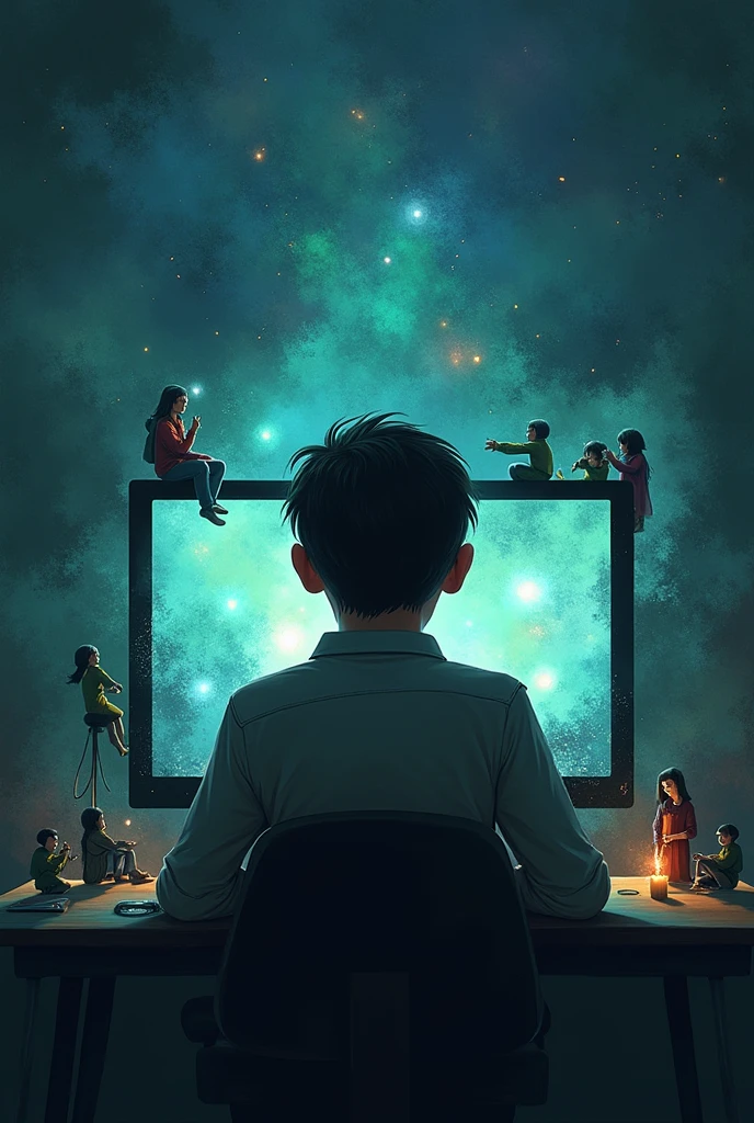  A person sitting in front of a computer, with the screen reflecting a fantasy world, but with empty eyes and a tired expression. around, small characters representing different emotions and situations related to addiction.] Let the image be creative, enlarges the same image as a background


