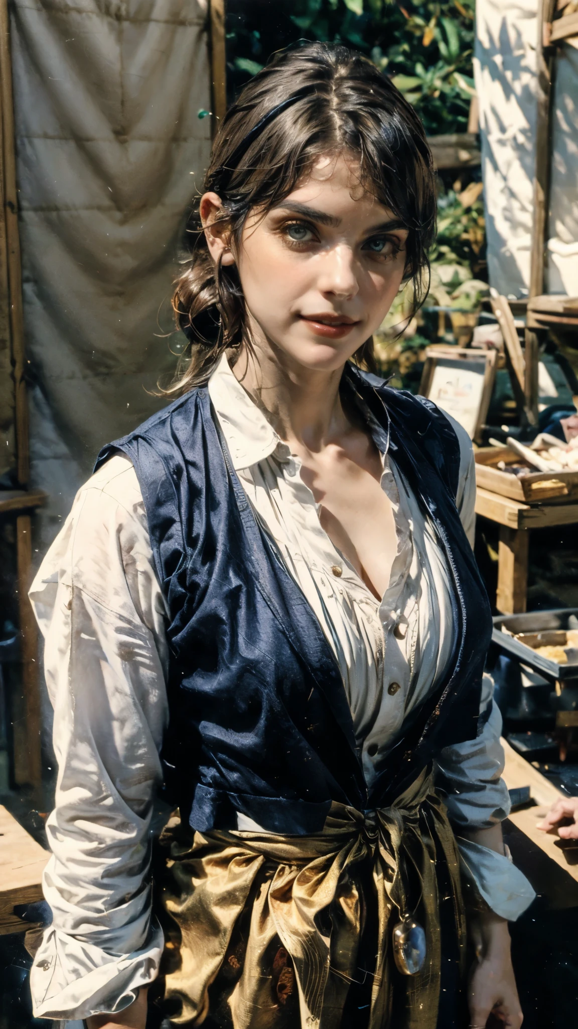 (masterpiece:1.2, best quality:1.2, extremely delicate:1.2), ((Alexandra Daddario:1.2)), a women with short brown hair slicked back, topknot hairstyle, small center-parted fringe, deep eyes, straight eyebrows, perfect face, playful smile, a azure blue fantasy-style cloth vest jacket over a long-sleeved white undershirt, a black waistband, coarse cloth trousers the backdrop of a fantasy-style border outpost, this character embodies a finely crafted fantasy-style female warrior, exquisite photography, Photo realism, photorealistic, goddess, pale skin, perfect skin, textured skin, detailed skin, porcelain skin, dramatic, high definition, highres, ultra-detailed, ultra-fine painting, professional, perfect body proportions, golden ratio, anatomically correct, symmetrical face, perfect eyes, extremely detailed eyes and face, high quality eyes, creativity, RAW photo, UHD, 32k, Natural light, cinematic lighting, (masterpiece-anatomy-perfect:1.2)