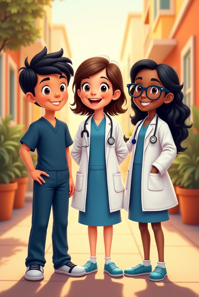 Disney style image with 3 nutritionists standing, a nutritionist boy with short black hair wearing a navy blue uniform with a white doctor&#39;s coat and a nutritionist girl with shoulder-length straight brown hair who also wears a navy blue uniform and a white doctor&#39;s coat and a girl with long wavy black hair and glasses who wears a blue uniform with a white doctor&#39;s coat 