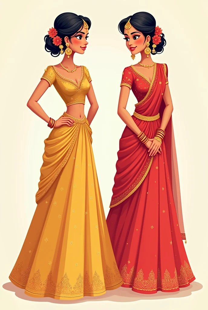 2d cartoon illustration an Indian girl bride.2 poses She wearing a gold lehenga and holding her waist.2 pose in red saree looking shy.Both poses they looking at each other.but there's a gap in between.