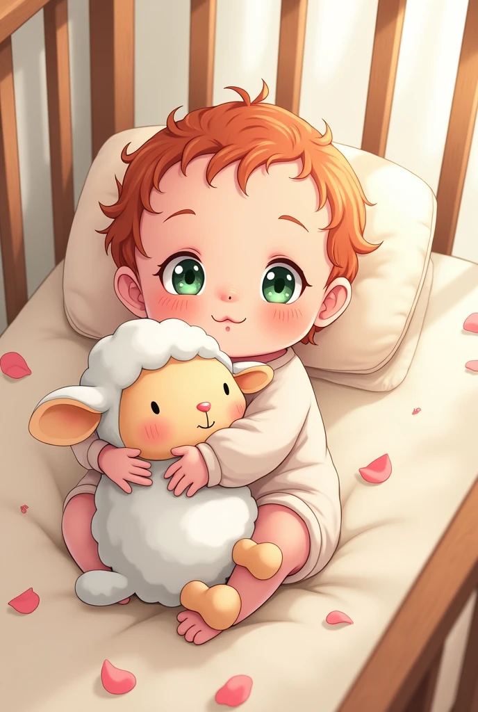 anime drawing style, image of a baby with rose red hair with freckles and green eyes, The setting should be in a crib hugging a stuffed sheep and cute baby clothes