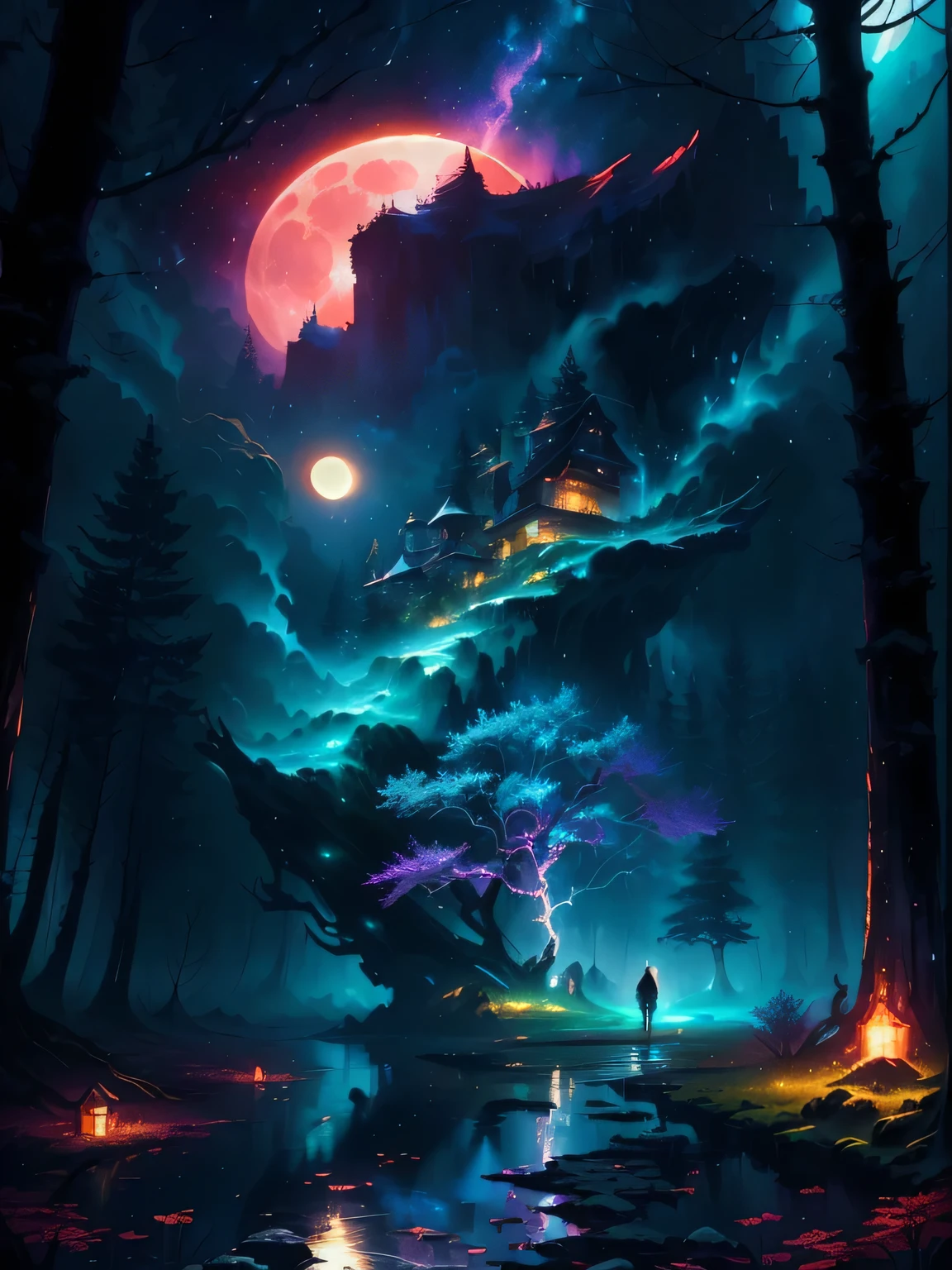 A man stands in the woods,Moonlight pouring oil painting, Juster Battle, 8k high quality detailed art, Cyril Rolando (Cyril Rolando) of inspiration, 8k stunning artwork, 4k highly detailed digital art, anton fadeev and dan mumford, 4k detailed digital art, Dan Mumford and Albert Bierstadt, Beautiful art UHD 4K
