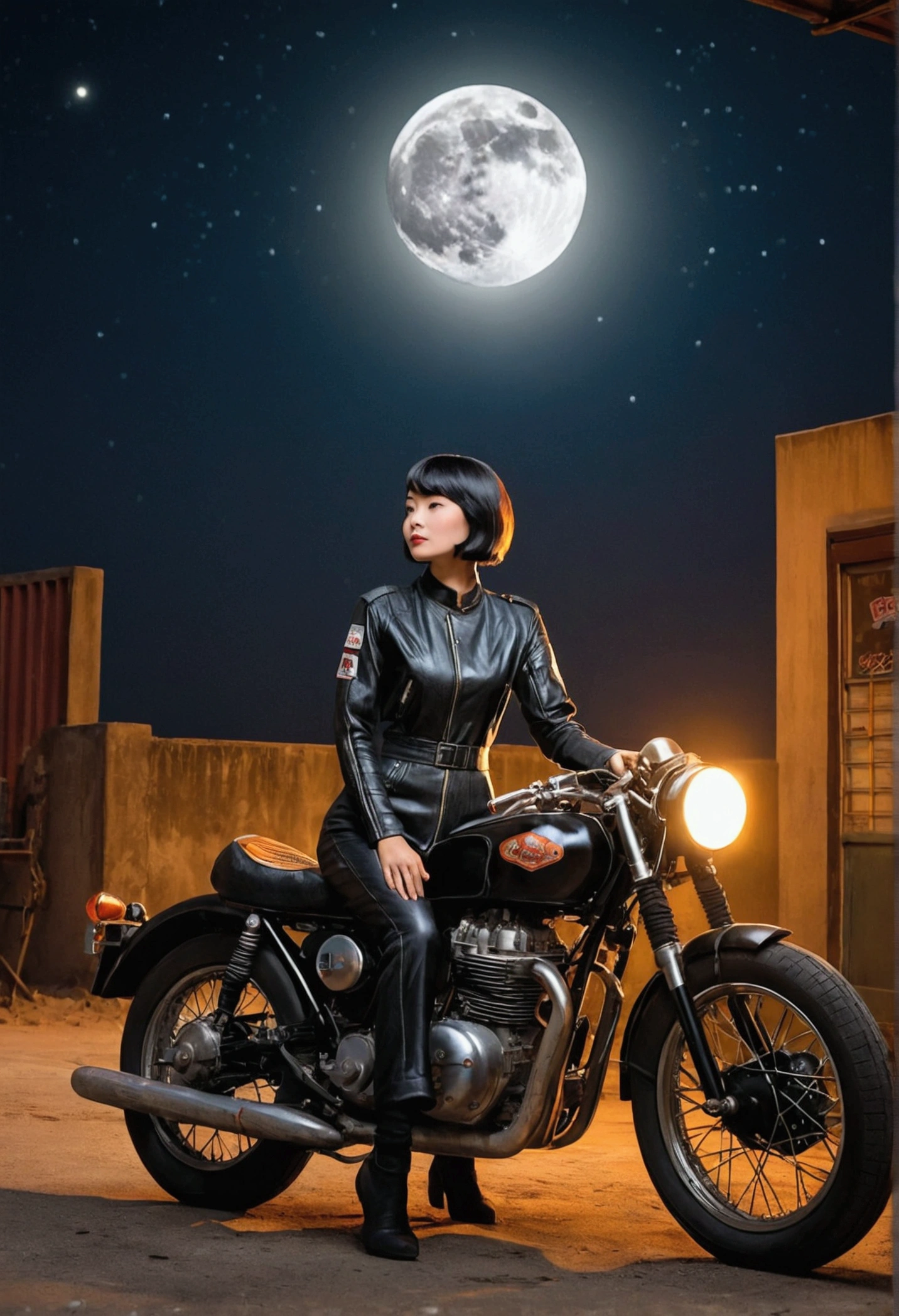 
A breathtaking scene set on the night of the Mid-Autumn Festival under a bright full moon. In the foreground, a beautiful young woman from Brooklyn, dressed in a stylish jumpsuit, sits confidently on a classic café racer motorcycle. She has short black bob hair and a cool, composed expression, exuding an urban, sophisticated vibe. The background features a towering space rocket launch pad nearby, with the rocket ready for launch. The scene blends the mystique of the moonlit night with the tension and excitement of a space mission. The vintage motorcycle adds a retro touch, while the overall setting is infused with a mix of urban charm and futuristic ambition. The atmosphere is slightly misty, with the moonlight casting an ethereal glow over the entire scene.