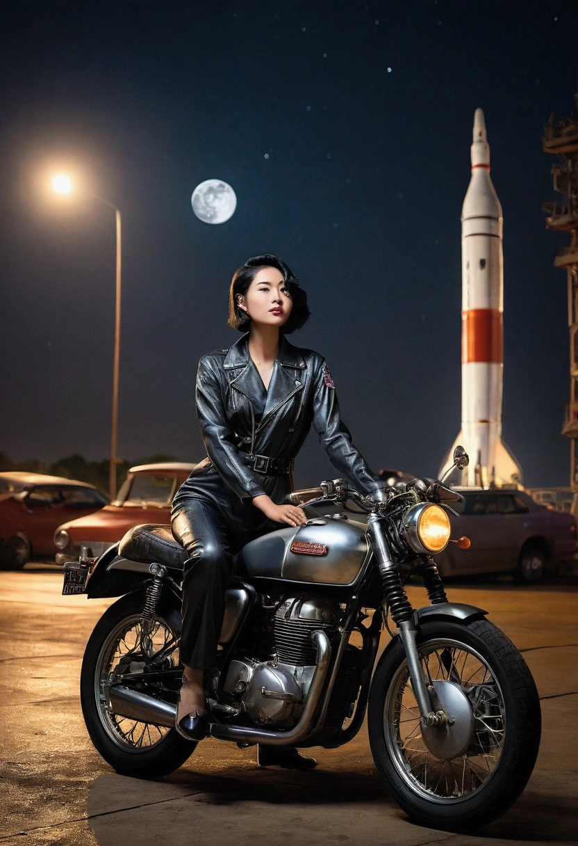 
A breathtaking scene set on the night of the Mid-Autumn Festival under a bright full moon. In the foreground, a beautiful young woman from Brooklyn, dressed in a stylish jumpsuit, sits confidently on a classic café racer motorcycle. She has short black bob hair and a cool, composed expression, exuding an urban, sophisticated vibe. The background features a towering space rocket launch pad nearby, with the rocket ready for launch. The scene blends the mystique of the moonlit night with the tension and excitement of a space mission. The vintage motorcycle adds a retro touch, while the overall setting is infused with a mix of urban charm and futuristic ambition. The atmosphere is slightly misty, with the moonlight casting an ethereal glow over the entire scene.