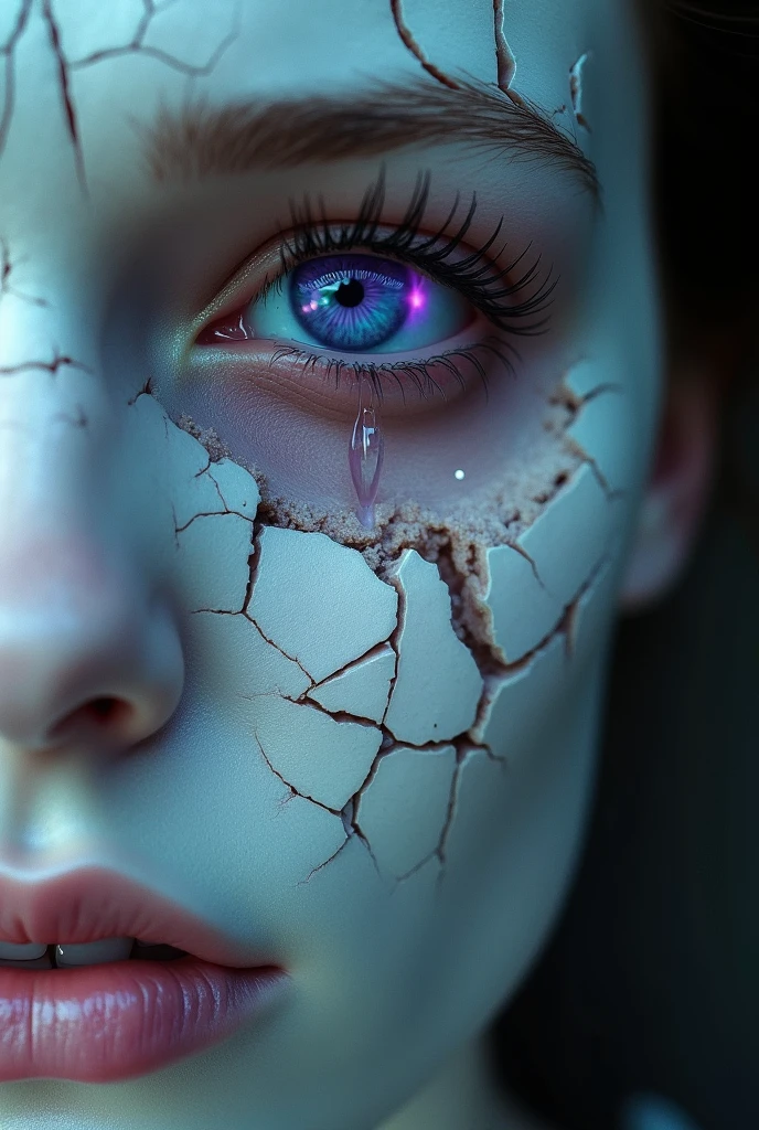 Porcelain-skinned with a single amethyst crystal eye headshot, cracked, shattered skin revealing deep fissures and missing shards, middle eye glowing with pain and sorrow, tears streaming down the fractured face, intense detail of shattered porcelain, soft focused lighting accentuating cracks, tear-streaked visage, blurred background emphasizing raw emotion and vulnerability, chaos 20, hyper realistic, cinematic
