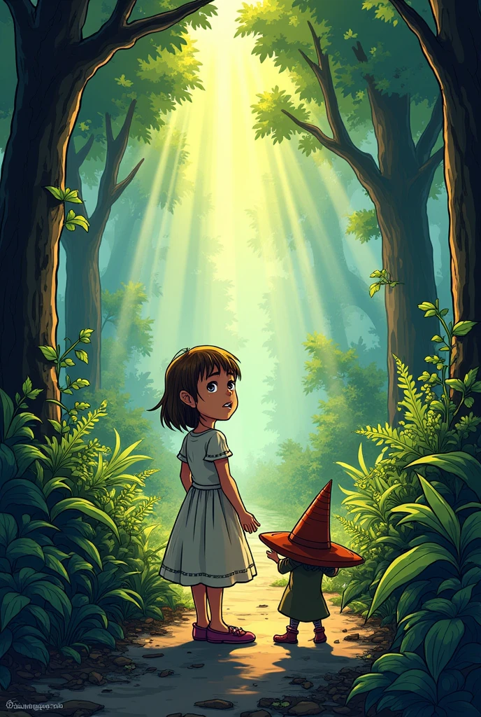 Create a comic-style image of a forest as a background. Some parents lost their daughter in the forest. It shows how this girl in a dress is in an area full of bushes and a very small man approaches her, his face is covered by a huge hat. This is the elf.