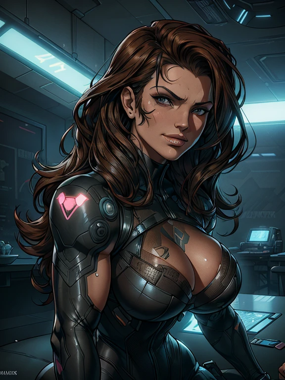 Detailed portrait cyberpunk (Gina Carano) (sks woman) (40 year old sks woman), futuristic neon reflective wear, sci-fi, robot parts, ismail inceoglu dragan bibin hans thoma greg rutkowski alexandros pyromallis nekro rene margitte illustrated, perfect face, round breasts, wide hips, ((tattoo)), brunette (long hair),, matte skin, pores, wrinkles, hyperdetailed, hyperrealistic,, Moody Lighting, Hasselblad Award Winner, Soft Diffuse Lighting, Smirk,, machine face, fine details, realistic shaded, intricate, elegant, dominatrix