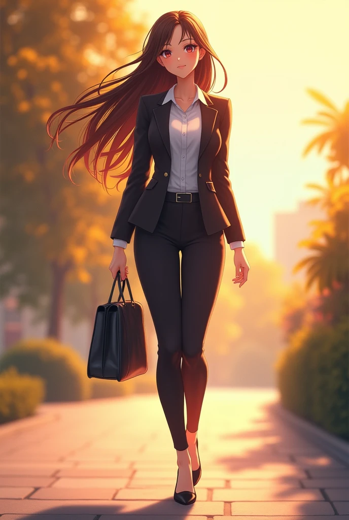 (photorealism:1.2), beautiful woman, long, wearing corporate office uniform, long hairstyle, going to work, soft lighting, outdoors, anime pose, anime, intricate details, warm and vibrantcolors, full body is seen  including shoes.