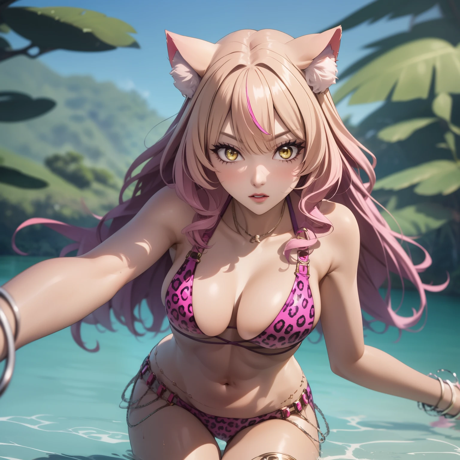 Raphtalia, Woman 2,straight blonde hair with pink tips , yellow eyes , Dark skin, tanned skin. king, expresión de Surprise e incomodidad . Surprise, Painted lips, cat ears, pink bikini with jaguar design, background a lake in the middle of a jungle, medium breasts. smooth fur, very dark skin.