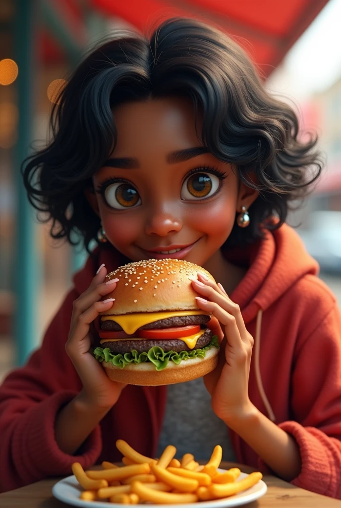 dark skinned ager with short semi-wavy black hair eating a hamburger