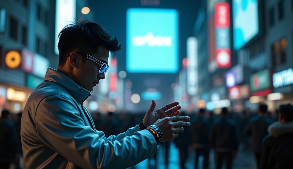 close-up shot to the glass of character, Asian male character stands in front of a square hologram logo with the words "UrBox"in the wide growded street, character reaches for the device on his wrist, trying to connect. Outfit: Silver jacket, wae glass, strong gestures. Setting: Small alley between cyberpunk buildings. Lighting: Dark colors, faint blue lights from billboards. Effects: LED strips on the device gradually glow. Special: The scene evokes a sense of suspense and anticipation.