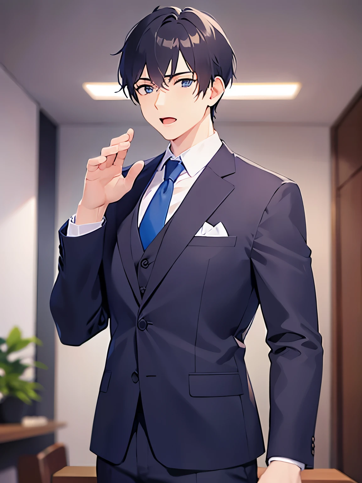 side angle,(looking away:1.5)upper body,waving hands front own chest shiny skin, masterpiece、Highest quality、 (2 male:1.5) and (Black short hair) and (blue eyes), (Wearing a suit:1.5) and (Blue tie)、 petrified ,open mouth, The background is the conference room、(alone:1.5)