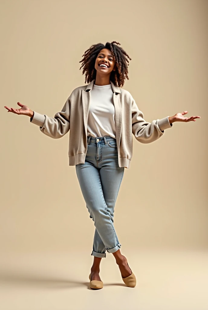 a one woman, Poses for photos alone, with open arms smiling 
/ solid bottom