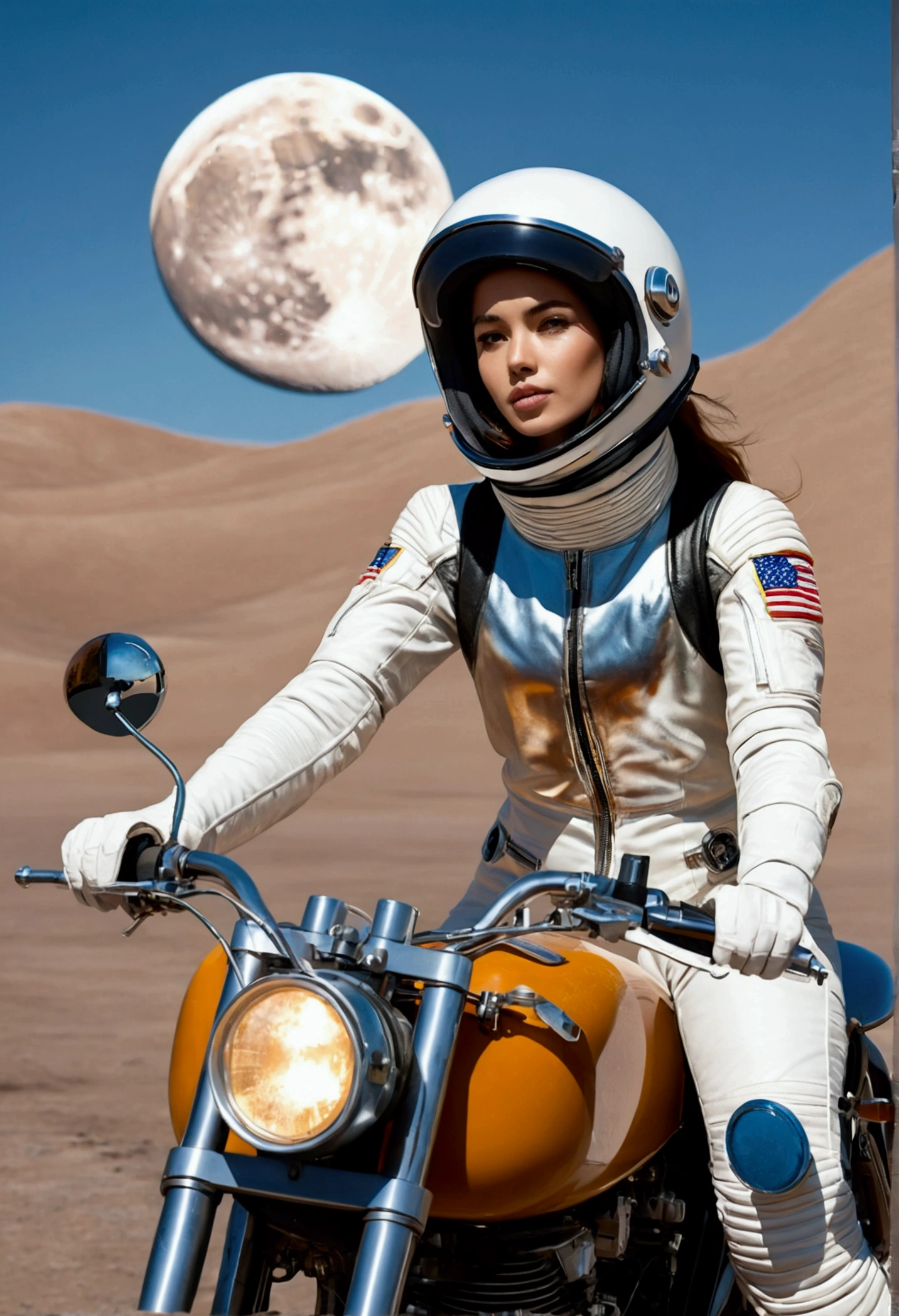 A beautiful young woman from Brooklyn, dressed in a modern astronaut spacesuit, riding a classic cafe racer motorcycle on the surface of the Moon. The Moon's surface is brightly illuminated by the sunlight, creating a stark, bright environment. In the distance, Earth can be seen, floating against the blackness of space. The woman is wearing a sleek, futuristic spacesuit with a helmet, her expression still cool and composed. The motorcycle retains its vintage design, creating a striking contrast between the retro bike and the futuristic lunar setting.