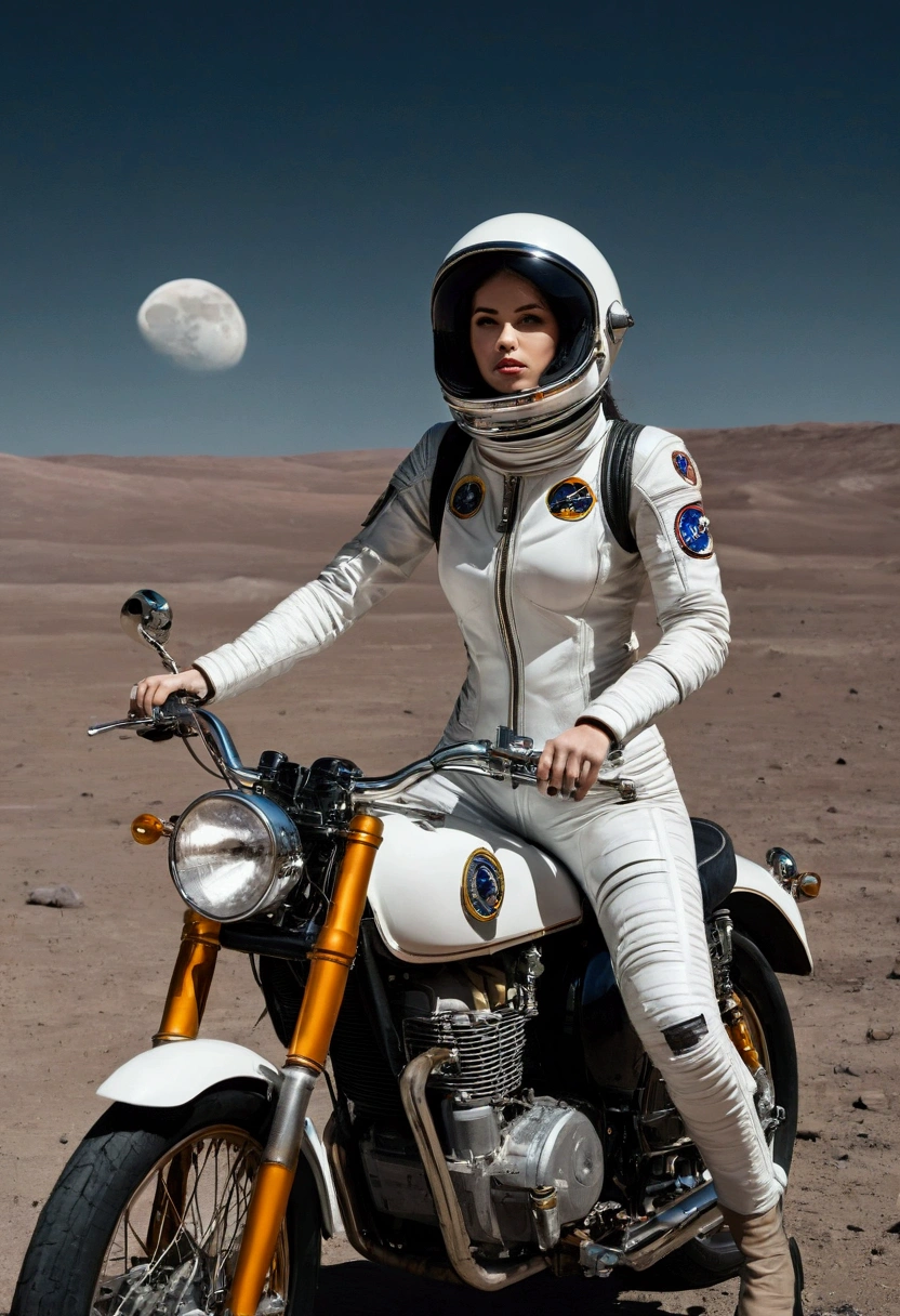 A beautiful young woman from Brooklyn, dressed in a modern astronaut spacesuit, riding a classic cafe racer motorcycle on the surface of the Moon. The Moon's surface is brightly illuminated by the sunlight, creating a stark, bright environment. In the distance, Earth can be seen, floating against the blackness of space. The woman is wearing a sleek, futuristic spacesuit with a helmet, her expression still cool and composed. The motorcycle retains its vintage design, creating a striking contrast between the retro bike and the futuristic lunar setting.