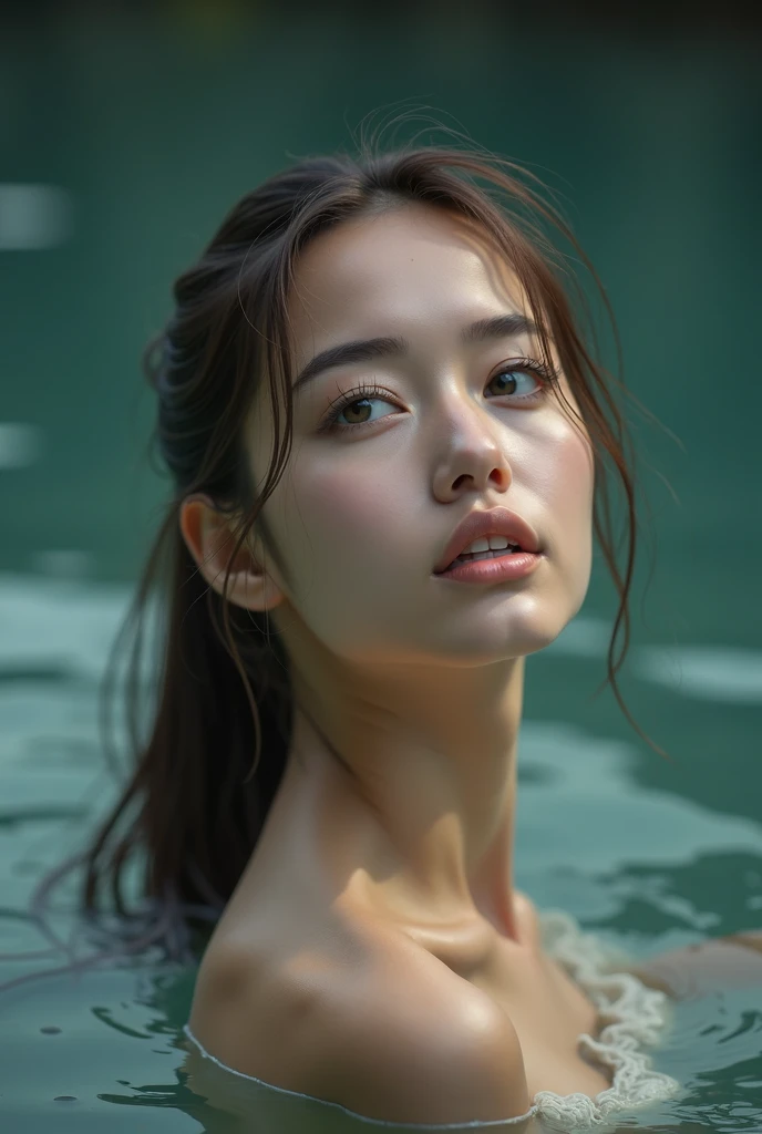 Small chest, ponytail, beautiful girl, water, Viewed from slightly above, Looking up from the front