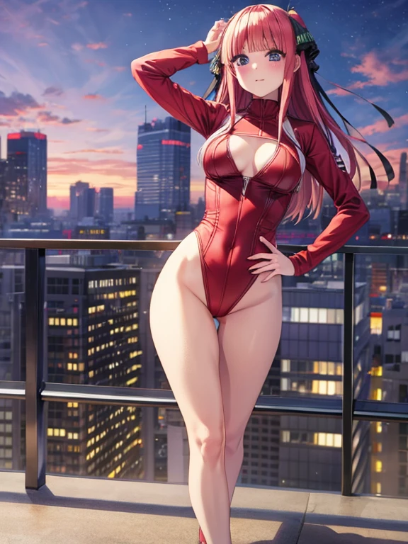 best quality, insanely detailed, nino nakano, breasts, blush, looking at viewer, cheerful eyes, arousal,long sleeve leotard, highleg leotard, athletic leotard, tight leotard, full body, spread legs, roof top background