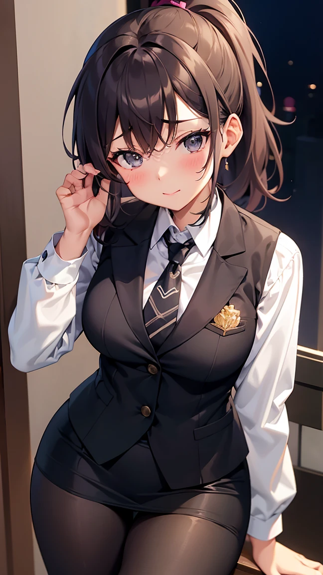 score_9, score_8_up, score_7_up, source_anime, 1girl, black eyes, room, wariza, medium hair, messy ponytail, dark brown hair, gradient hair, portrait, solo, Adult woman, best perfect anatomy, thin, curvy body, flat breasts, curvy body, close up shot on person, a woman showing embarrassment, shy face, blush, light smile, close up shot on person, pov_doorway, a woman showing his hand, mature woman standing poses, wear cat ear headband,skirt suit, (((three-piece suit))), necktie, blazer, (((suit jacket))), (((waistcoat))), double-breasted waistcoat, bodycon miniskirt, pencil skirt, tie clip, pocket square, pocket watch, white format gloves, pantyhose, dynamic angle. perfect dynamic composition, foreshortening, dramatic shading, night days, volumetric lighting, hotel room background,