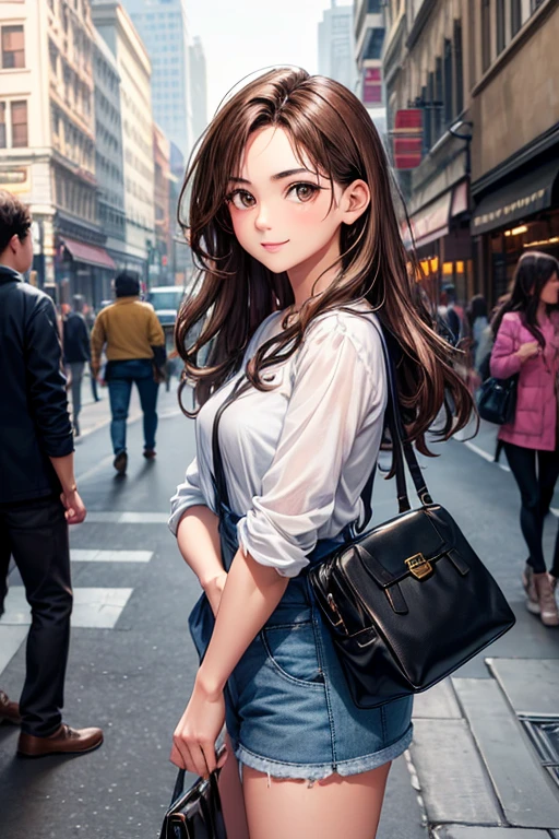 ((High resolution)), ((Lighting and color)), ((masterpiece)), ((exposure correction)), ((Sharpness Settings)), ((Focus and clarity)), ((brown eyes)), A young woman with dark eyes., wavy brown hair, left loose and slightly disheveled by the breeze, confidently stands on a bustling urban street. He is wearing a loose white cotton shirt that highlights his natural elegance.., paired with gray denim shorts that complement your casual style.. She poses with a subtle, Confident smile, leaning your body slightly to one side. The background features a mix of modern skyscrapers., Quaint cafes, and bustling pedestrians. The soft sunlight softly illuminates your face., creating a warm glow and emphasizing your presence amidst the hustle and bustle of the city."