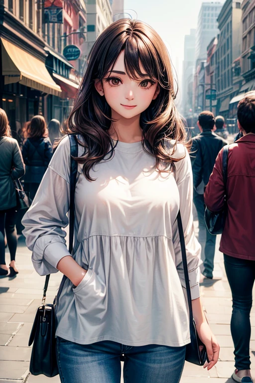 ((High resolution)), ((Lighting and color)), ((masterpiece)), ((exposure correction)), ((Sharpness Settings)), ((Focus and clarity)), ((brown eyes)), A young woman with dark eyes., wavy brown hair, left loose and slightly disheveled by the breeze, confidently stands on a bustling urban street. He is wearing a loose white cotton shirt that highlights his natural elegance.., paired with gray denim shorts that complement your casual style.. She poses with a subtle, Confident smile, leaning your body slightly to one side. The background features a mix of modern skyscrapers., Quaint cafes, and bustling pedestrians. The soft sunlight softly illuminates your face., creating a warm glow and emphasizing your presence amidst the hustle and bustle of the city."