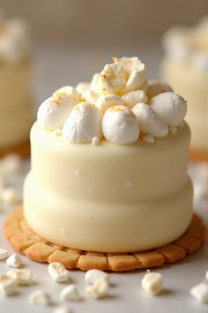 Soft marshmallow, covered with a generous layer of white chocolate with a very thin waffle cookie base that makes it look very sweet and appetizing