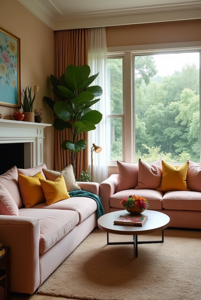 Living room decoration turquoise color palette,rosado, brown and yellow