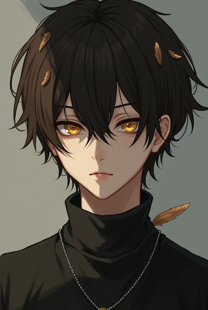 boy. sharp look, with yellow eyes. Her hair is short and dark brown in color., with short feathers among her hair at the nape of her neck, the same color as the hair. has a serious and indifferent expression on his face, and has slightly pale skin.