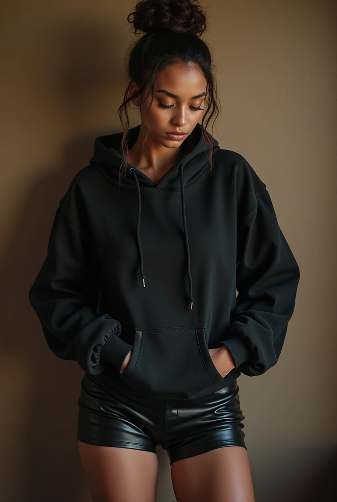 black woman hair in a bun black hoodie black leather short shorts being fucked in the ass by a old grandma in a dress
