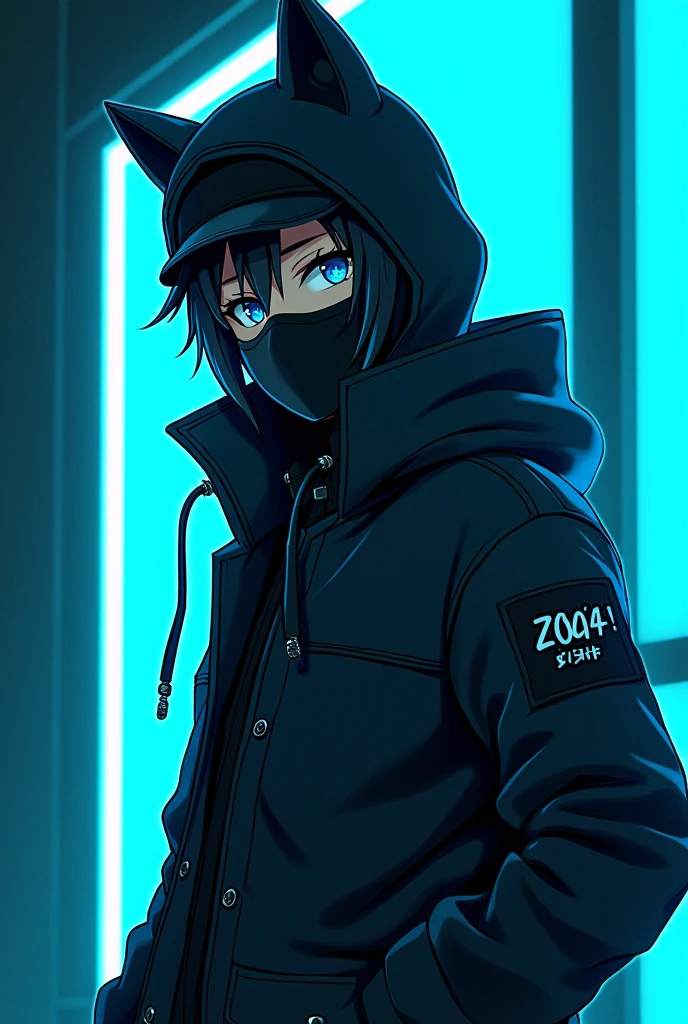  teenager wearing a coat with a cap that has furry ears and a mask similar to Sub-Zero&#39;s. In neon blue color palette with light blue in anime style for YouTube channel logo 2. Paleta de cores:


primary colours: Black and electric blue or neon green to highlight mystery and energy.
Secondary colors: Metallic gray and white to contrast and highlight details.
3. styled:


Typography: Use a futuristic or pixelated font to reflect the gaming world.
Visual Effect: Incorporate an effect "disappearance" partial, where part of the text or symbol appears to be disintegrating or disappearing.