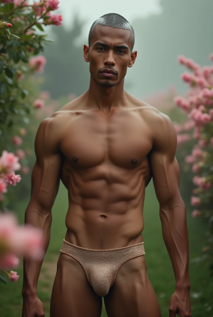 Behold a fashion editorial photo shoot featuring a photogenic and charming male supermodel, attractive 1 mixed race, detailed face and smooth skin, symmetric face, slander, gray buzz cut hairstyle, aesthetic, soft moody tone, striking features, showcasing a fashion men's G string. elegant look, young and sexy, complementing each other in their sheer with thick bulge cock line, (Male Focus), highly detailed, intricate details, dramatic composition, realism, high-quality rendering, RAW photo ,fashion photoshoot, 2Man, ((full body)), stunning art, high quality, film grain, photo-realistic, insanely detailed, face detail, hype maximalist, hype hyperrealism, cinematic, telephoto, lighting intricate details, highly detailed, highly detailed, concept art, smooth, sharp focus, Unreal Engine 5, 8K, UHD, 8k, high quality. neutral acne, blemishes, detailed skin, English garden full of flower booming, flower fields, morning light with faint mist shrouded behind background, in the center of the screen, most handsome man in the world, Capture full-body short, dynamic angle, using a Canon EOS R7 and Sigma AF 85mm F1.4 EX DG HSM lens by Thomas Synnamon, Employ a shallow depth of field to focus closely on his face and body while softly blurring the background, Draw inspiration from high-fashion photographer, emphasize detail, texture and a sophisticated luxurious atmosphere, Emphasize the golden warm lighting and its effect on enhancing his features and the robe's rich textures, creating a visually captivating and elegant portrait that exudes warmth and sophistication,