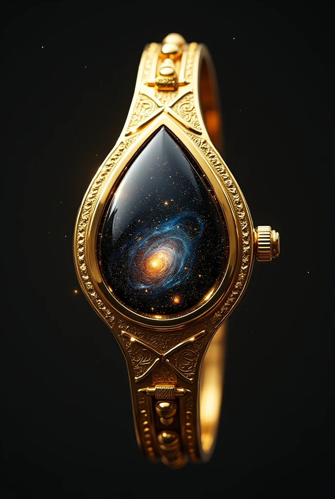 Design an intricate and cosmic-inspired version of the Omnitrix as a golden bracelet or watch. The primary material should be a lustrous, polished gold, giving the artifact an ancient, regal appearance. In the center, replace the traditional Omnitrix dial with a large, teardrop-shaped crystal that is deep black in color. This crystal should be almost opaque, but upon closer inspection, it reveals a vision of the universe within—tiny stars, galaxies, and nebulae swirling as if encapsulated in the crystal's depths. The gold band around the wrist should have a delicate, yet sturdy design, adorned with intricate engravings of celestial patterns such as constellations and planetary orbits. The overall shape is sleek and elegant, more of a high-end bracelet than a bulky device, but still functional in appearance, with subtle mechanisms that hint at its power. The golden surface reflects light beautifully, and the cosmic tear glows softly, giving off an ethereal, otherworldly aura.