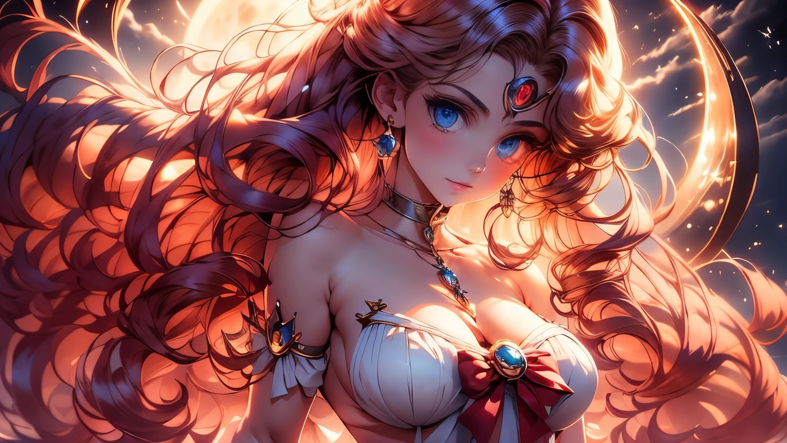Draw Sailor Moon in her signature sailor suit, including the golden tiara, the red bow on the chest and the blue skirt. Make sure to include her long blonde hair in two pigtails with crescent moon decorations. The pose must be dynamic, as if in the middle of a magical transformation, with light effects and flashes around. In the background you can see the full moon and the Milky Way