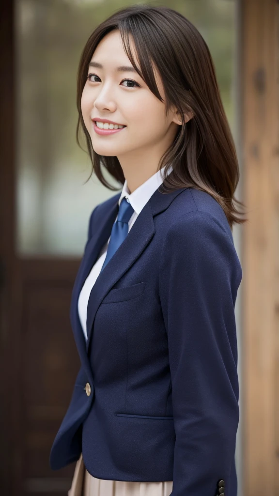 (Surreal), (High resolution), (8k), (Very detailed), (Beautiful and detailed), (Highest quality), (Very detailedな), (masterpiece), (Detailed face), Soft Focus、Yui Arakaki's face、Huge 、Japanese、Inside the company、Tie your hair、Laughter、OL、In a women's suit、blazer、Tight skirt、Full body shut、Brown Hair、The best smile、One screen, one person、Only one person