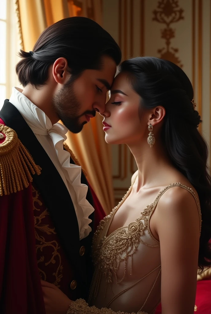 A gay couple, where one of them is an Italian prince who has dark hair and the other is a boy with Korean features. The Italian prince looks at the other with admiration.